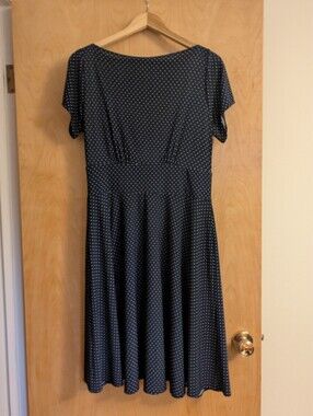 Classic A Line Dress Navy With White Pokadot Wrinkle Free